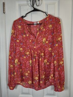 GAP Pintuck Pleat Floral Tunic Flowy Blouse Rust Orange & Yellow S Cottagecore